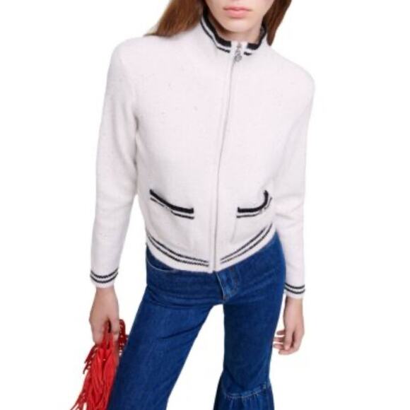 Maje Zip Up Contrast Black Stripe Cardigan Sparkle Wool Blend White Large - Picture 2 of 15